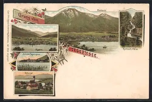 Lithographie Tegernsee, Panoramaansicht, Rottach-Fälle, Schloss Tegernsee