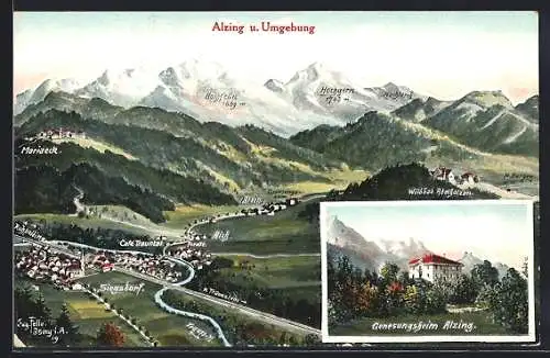 Künstler-AK Eugen Felle: Alzing, Ortsansicht mit Umgebung, Genesungsheim Alzing