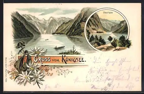 Lithographie Königsee / St. Bartholomä, Panorama, Blick über den Obersee