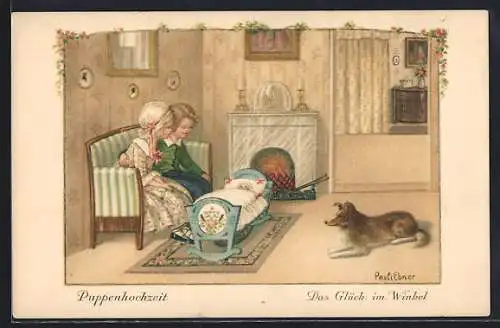Künstler-AK Pauli Ebner: Junge und Mädchen auf einem Sessel beobachten eine Wiege, Hund liegt auf dem Boden