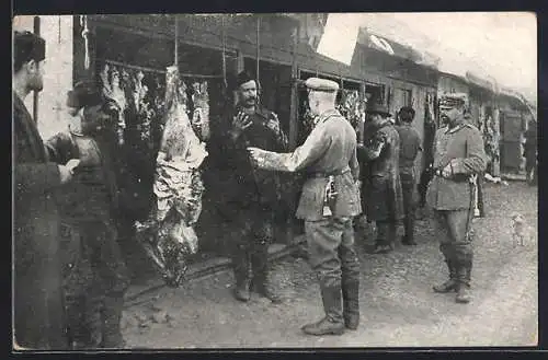 AK Soldaten vor dem Laden eines serbischen Rinderschlächters