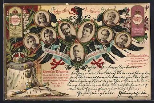 Lithographie Reklame für die Hohenzollern-Parfumerie, Porträts preussischer Adeliger, Krone und Adler