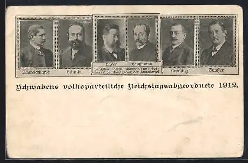 AK Schwabens volksparteiliche Reichstagsabgeordnete 1912, Portraits, rückseitig Wahlergebnisse Württemberg / Landkarte