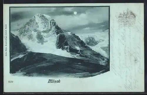 Mondschein-Lithographie Mönch, Bergansicht mit Umgebung, Berggesichter