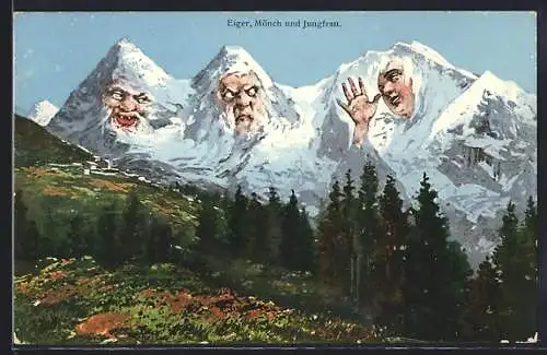 AK Eiger, Mönch und Jungfrau, Berge mit menschlichen Gesichtern, Jungfrau zeigt eine lange Nase, Berggesichter