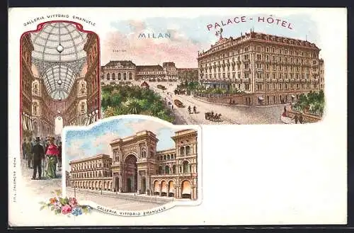 Lithographie Milan, Galleria Vittorio Emanuele, Palace-Hotel