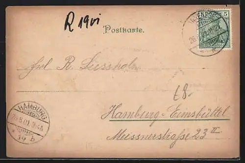 Lithographie Hamburg-St. Pauli, Teilansicht mit Strassenbahn, Frau in Tracht