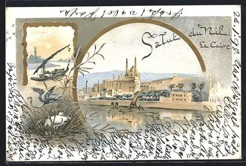 Lithographie Cairo, Ortsansicht, Dampfer mit Kran