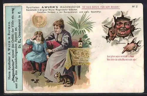 Lithographie Apotheker A. Wurm`s Magendoctor, Ausschank in Original-Wurm-Magendoctor-Gläschen
