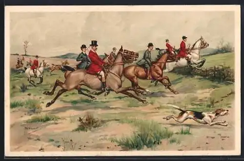 Künstler-AK Jagdgesellschaft mit Hund auf Parforcejagd