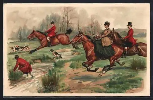 AK Szene bei einer Jagd, Hunde und Reiter überwinden einen Bach