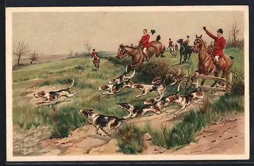 Künstler-AK sign.J. A. Stewart: Jagdgruppe mit Jagdhunden