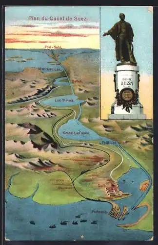 AK Ismailia, Karte Sueskanal mit Denkmal