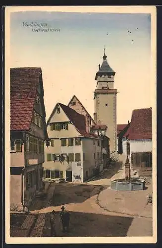 AK Waiblingen, Strassenpartie mit Blick zum Hochwachtturm