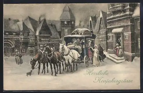 AK Neujahrsgrüsse, Pferdekutsche in winterlicher Stadt