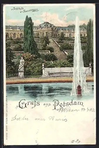 Lithographie Potsdam, Brunnenanlagen vom Schloss Sanssouci