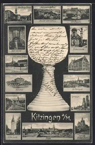 AK Kitzingen a. M., Krankenhaus, Protestantische Kirche, Bahnhof, Weinglas