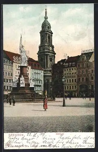 AK Dresden, Altmarkt mit Siegesdenkmal und Kreuzkirche, Renner Weisswaren, Warenhaus Metzler