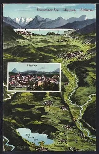 Künstler-AK Eugen Felle: Miesbach, Blick zum Ort, Totale des Ortes aus der Vogelschau mit Umgebung am Seehamer See