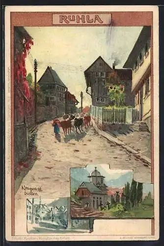 Künstler-AK Albert Stagura: Ruhla, Kirche, Ortsansicht im Winter, Viehtrieb durch eine Strasse