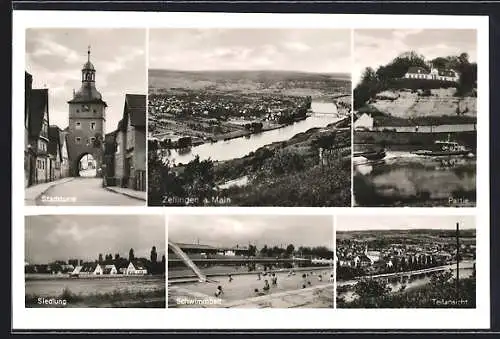 AK Zellingen a. Main, Gesamtansicht, Stadtturm, Siedlung und Schwimmbad