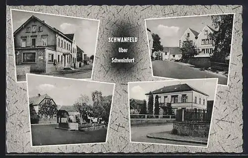 AK Schwanfeld, Ortsansicht mit Strassenpartien und Geschäft