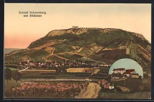 AK Rödelsee, Ortsansicht mit Schloss Schwanberg im Hintergrund