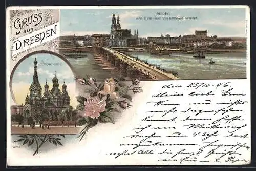 Lithographie Dresden, Russische Kirche, Augustusbrücke von Neustadt gesehen, Dampfer