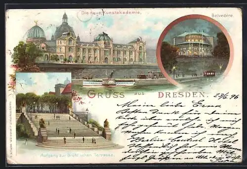 Lithographie Dresden, Belvedere, Die neue Kunstakademie, Aufgang zur Bühlschen Terrasse