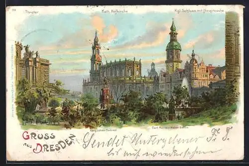 Lithographie Dresden, Ortspartie mit König Johann Denkmal, Kath. Hofkirche, Theater, Kgl. Schloss & Hauptwache