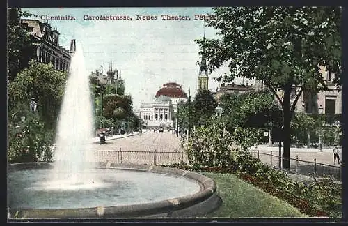 AK Chemnitz, Carolastrasse, Blick auf Stadttheater u. Petrikirche