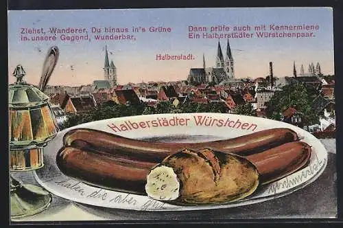 AK Halberstadt, Teilansicht des Ortes & Würstchen