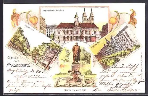 Lithographie Magdeburg, Kaiser-Strasse, Augusta-Strasse, Rathaus