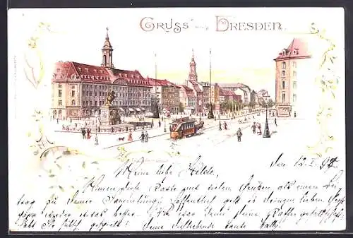 Lithographie Dresden-Neustadt, Blick auf die Hauptstrasse mit Pferdebahn