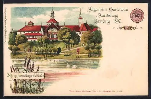 Lithographie Hamburg, Allg. Gartenbau-Ausstellung 1897, Haupt-Ausstellungs-Gebäude, Schwäne