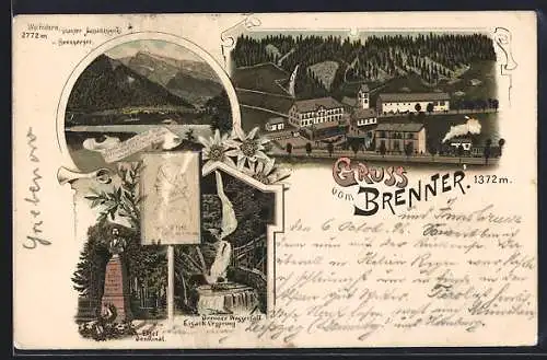 Lithographie Brenner, Gesamtansicht, Etzel-Denkmal, Wassefall