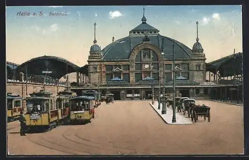 AK Halle / Saale, Partie am Bahnhof mit Strassenbahn