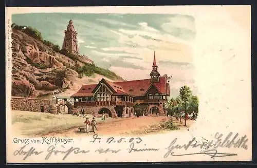 Lithographie Kyffhäuser / Kaiser Wilhelm Denkmal, Restaurant und Denkmal um 1900