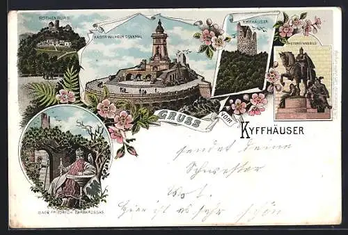 Lithographie Kyffhäuser, Kyffhäuser, Reiterstandbild, Sage Friedrich Barbarossas, Rothenburg, Kaiser-Wilhelm-Denkmal