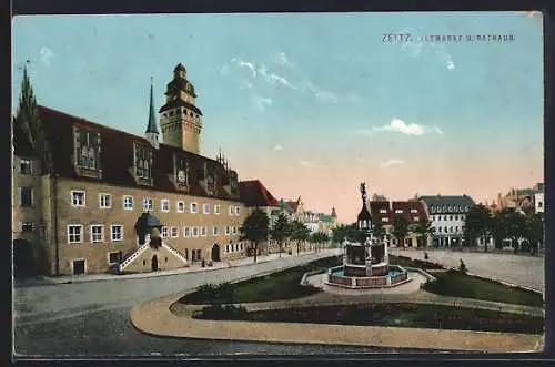 AK Zeitz, Altmarkt und Rathaus mit Brunnen