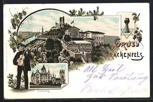 Lithographie Königswinter, Drachenburg auf dem Drachenfels, Mann mit Gitarre