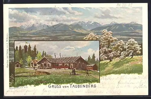 Künstler-AK Warngau, Restuarant Taubenberg, Partie am Ortsrand