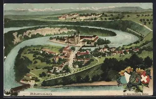 AK Rheinau, Totalansicht auf Ort mit Fluss, Wappen von Rheinau und Schweiz