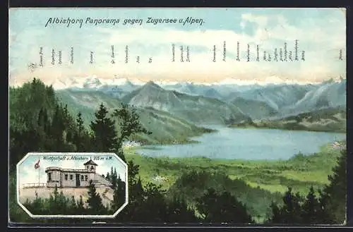 AK Albishorn, Gasthaus zum Albishorn, Zugersee mit Blick auf die Alpenkette