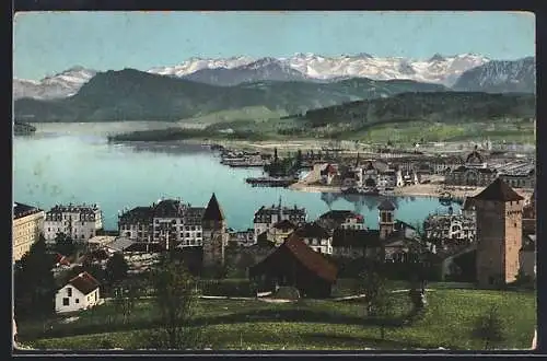 AK Luzern, Blick auf den See und die Alpen