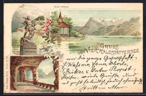 Lithographie Tellskapelle, Wilhelm-Tell-Denkmal, Axenstrasse, Flüelen, Pavillon am See um 1900von Wilhelm Tell