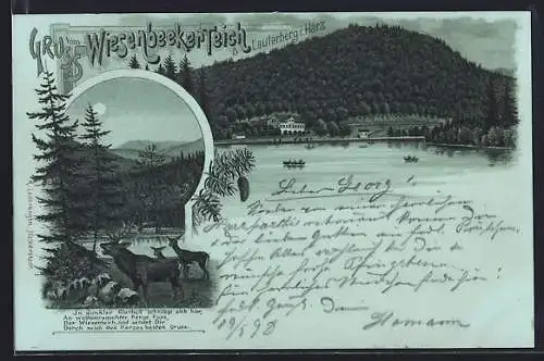 Lithographie Lauterberg im Harz, am Ufer des Wiesenbeeker Teich, Hirsche am Ufer