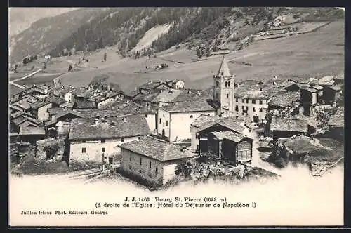 AK Bourg St. Pierre, Teilansicht, a droite de l`Eglise: Hotel du Dejeuner de Napoleon I.