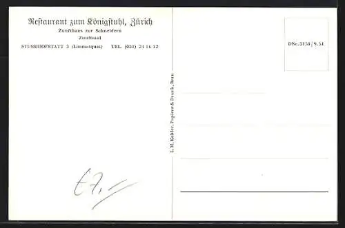 AK Zürich, Restaurant zum Königstuhl, Stüssihofstatt 3, Zunfthaus zur Schneidern Zunftsaal
