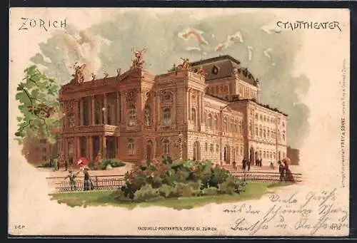 Lithographie Zürich, Stadttheater mit Flaneuren